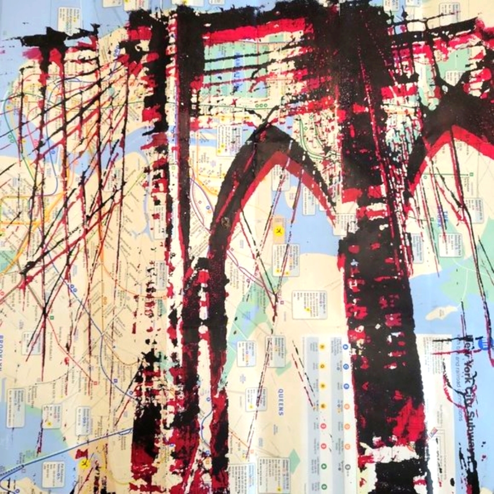Handpainted Brooklyn Bridge Painting Acrylic Urban Art on NYC Subway Map - Picture 3 of 5